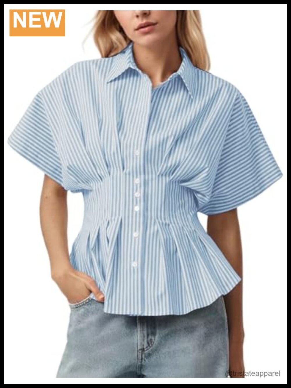 Women's Striped Short Sleeve Button Pleated Peplum Blouse Cotton Blend Summer